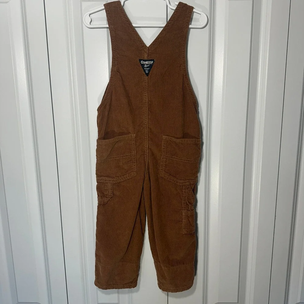 OshKosh Corduroy Overalls Kids 2T Brown Plaid Lined Bibs Cotton Vestbak Neutral